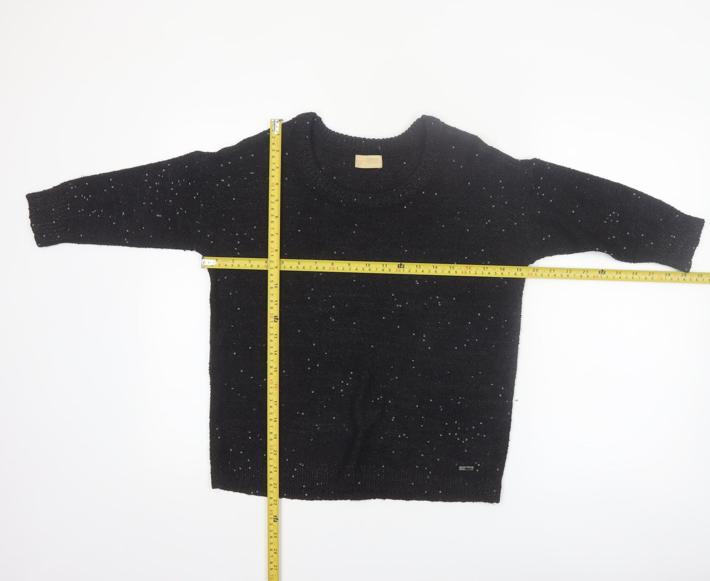 Dzarm Womens Black Sequin Knit Pullover Jumper Size 2XS