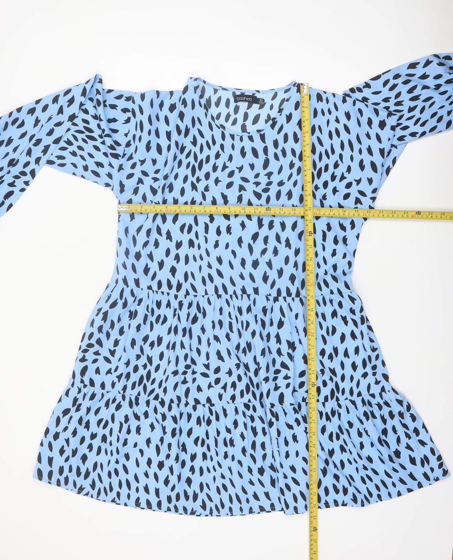 Boohoo Women Blue Animal Print Smock Dress Size 14 Long Sleeve
