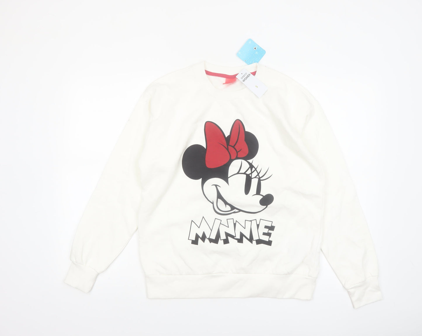 Disney Women White Minnie Mouse Cotton Blend Pullover Sweatshirt S