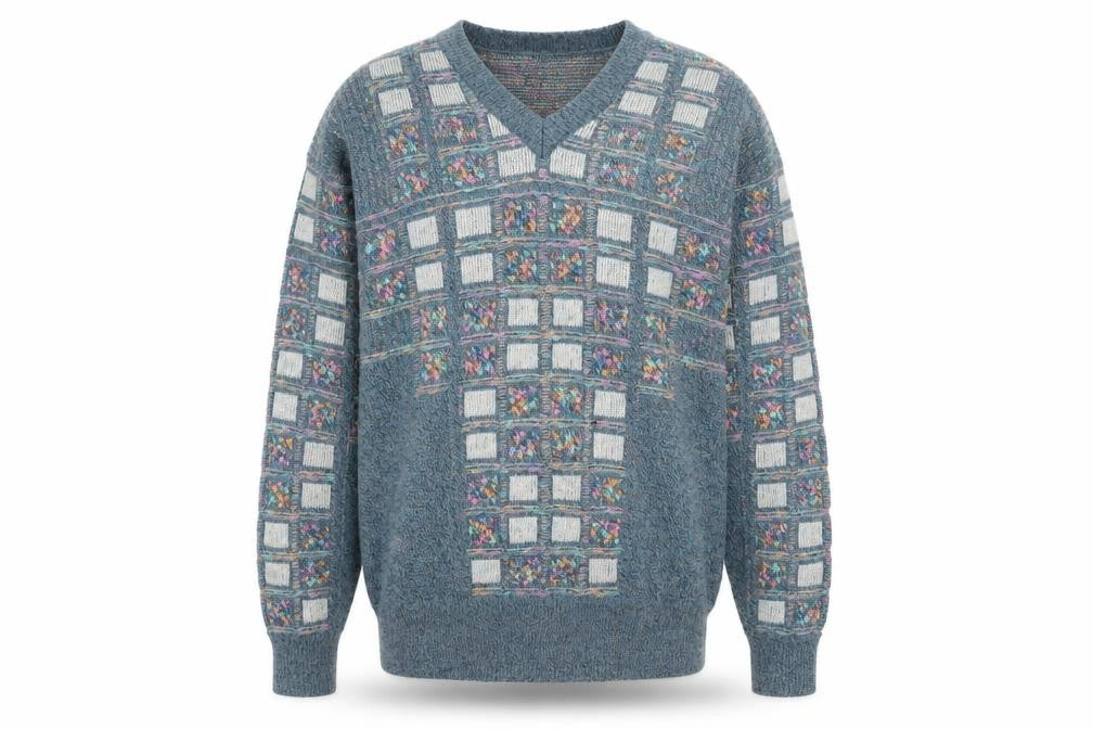 Leroy Knit Mens Blue Geometric V-Neck Wool Blend Jumper Size S