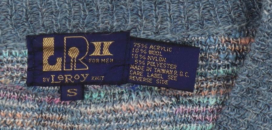 Leroy Knit Mens Blue Geometric V-Neck Wool Blend Jumper Size S