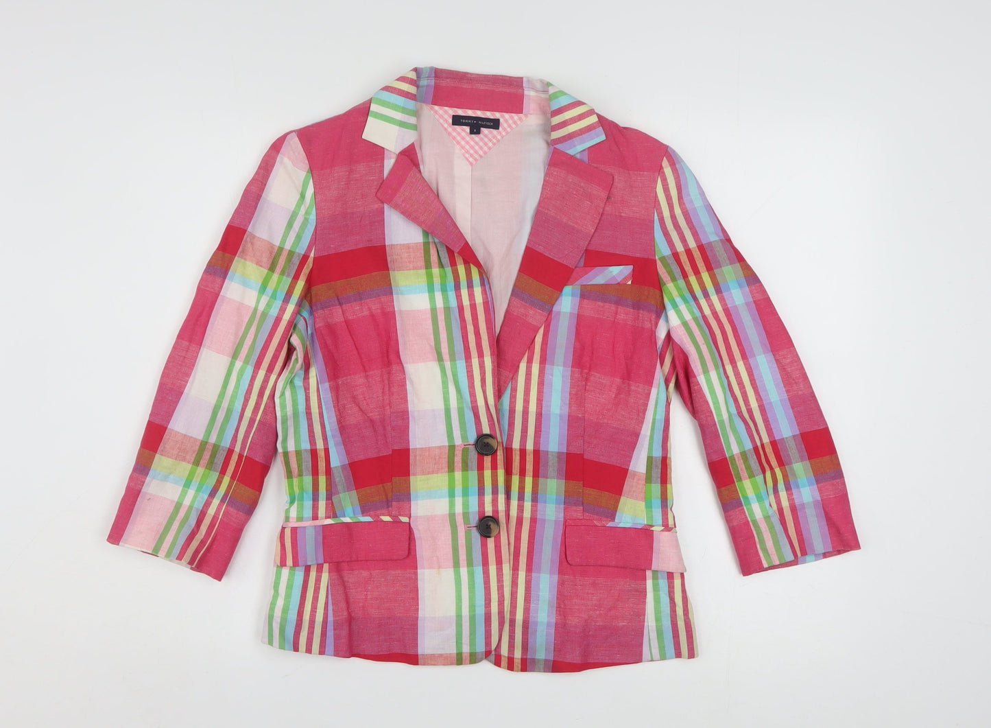 Tommy Hilfiger Womens Multicoloured Checked Blazer Size 8 Cotton Linen