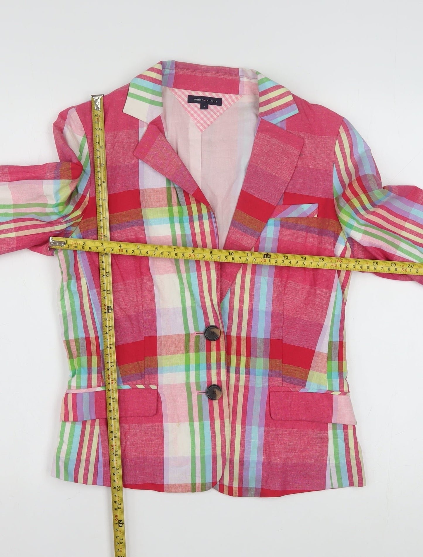Tommy Hilfiger Womens Multicoloured Checked Blazer Size 8 Cotton Linen