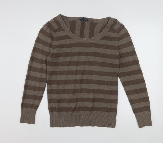 Tommy Hilfiger Men's Brown Striped Crew Neck Jumper Size L
