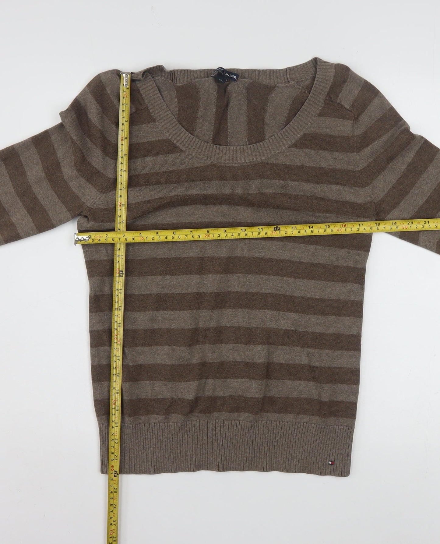 Tommy Hilfiger Men's Brown Striped Crew Neck Jumper Size L