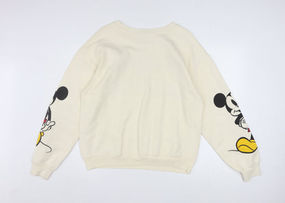 Close-up detail of Disney girls’ beige mickey and minnie sweatshirt l 11-13 years pullover