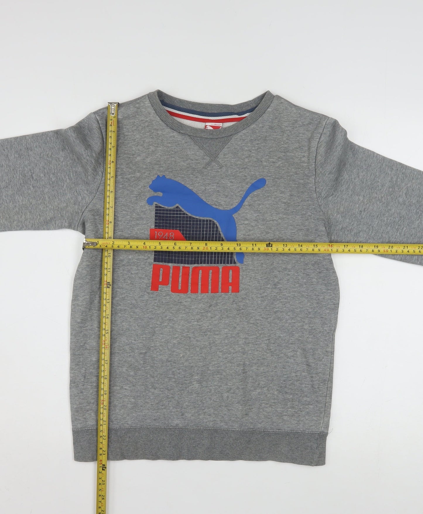 Puma Boys Grey 164 Pullover Crew Neck Sweatshirt with Logo Graphic