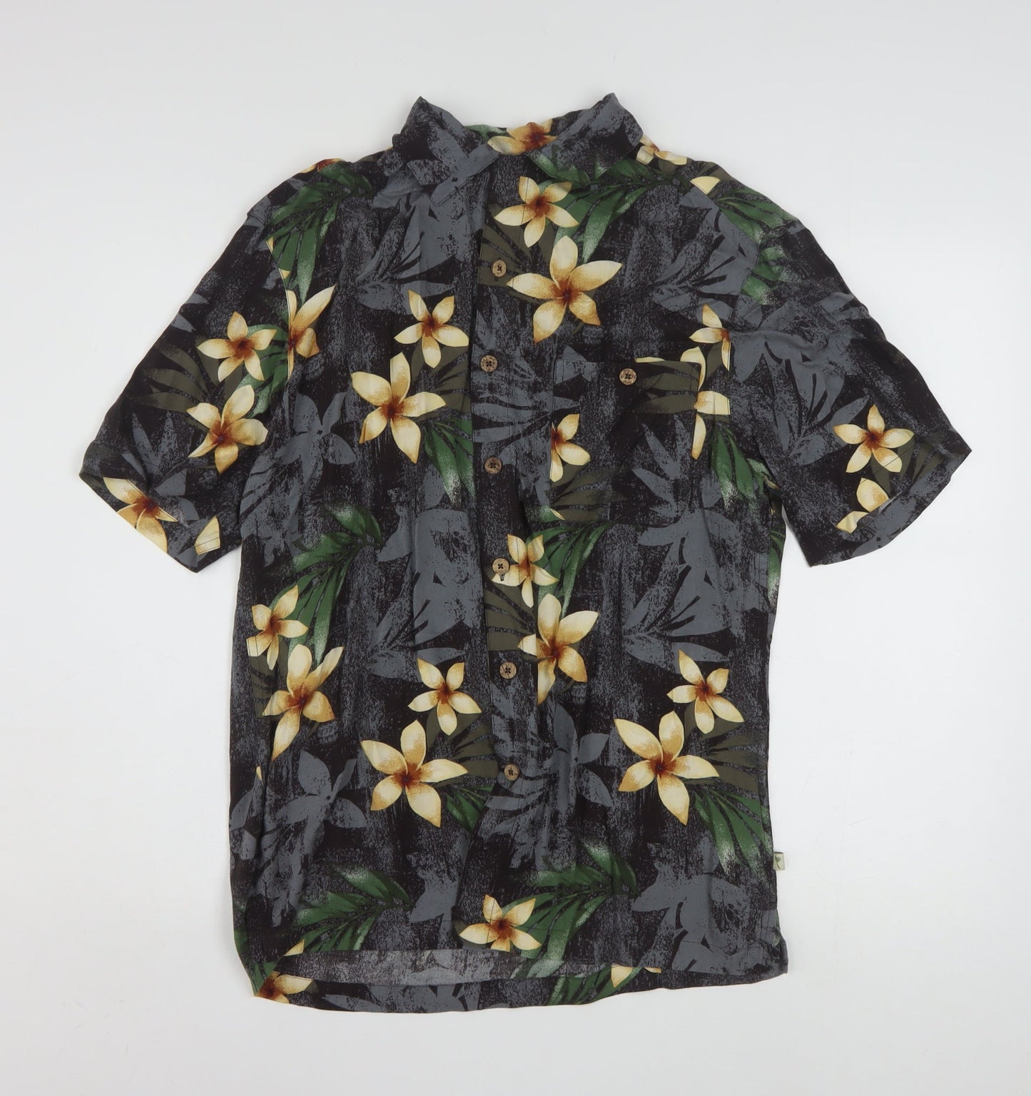 Island Shores Men's Black Floral Hawaiian Rayon Short Sleeve Shirt S