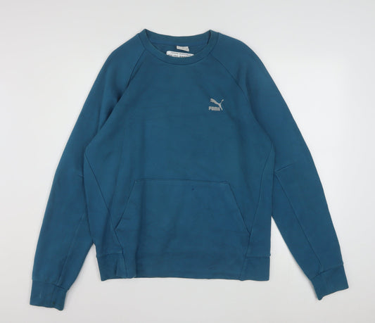 Puma Men Blue Pullover Sweatshirt Medium Logo Cotton Blend