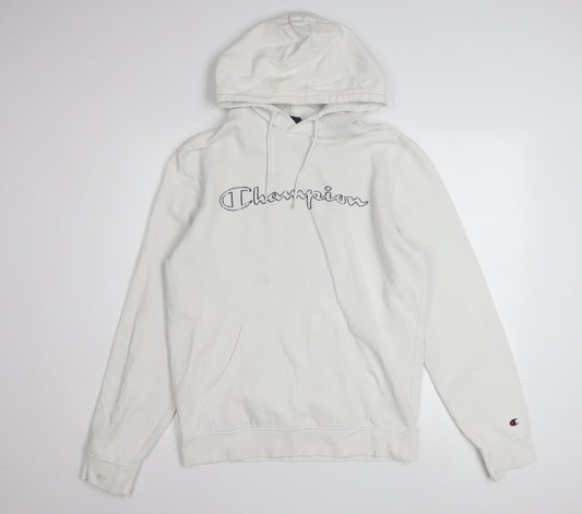 Preloved Champion Men's White Medium Pullover Hoodie Embroidered Logo Classic Fit - Front