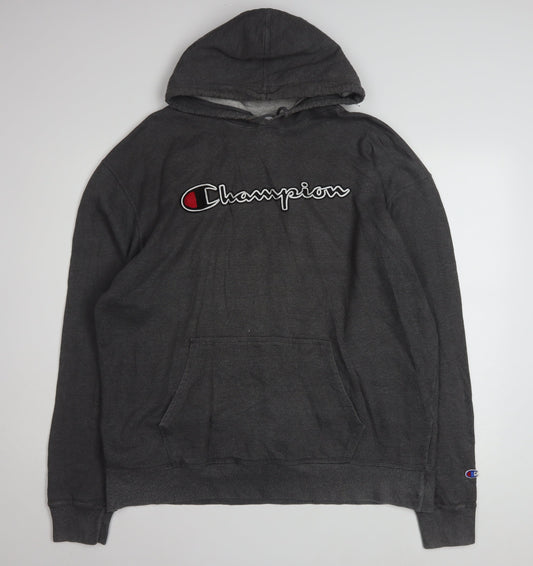 Preloved Champion Men's Black XL Pullover Hoodie with Logo Design - Front