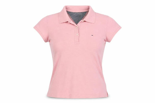 Front view of Hilfiger Denim Women's Pink Polo Shirt Medium Slim Fit Cotton