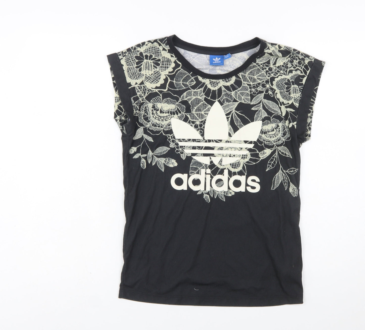 Adidas Women's Black Floral T-Shirt Size 6 Crew Neck Casual Top