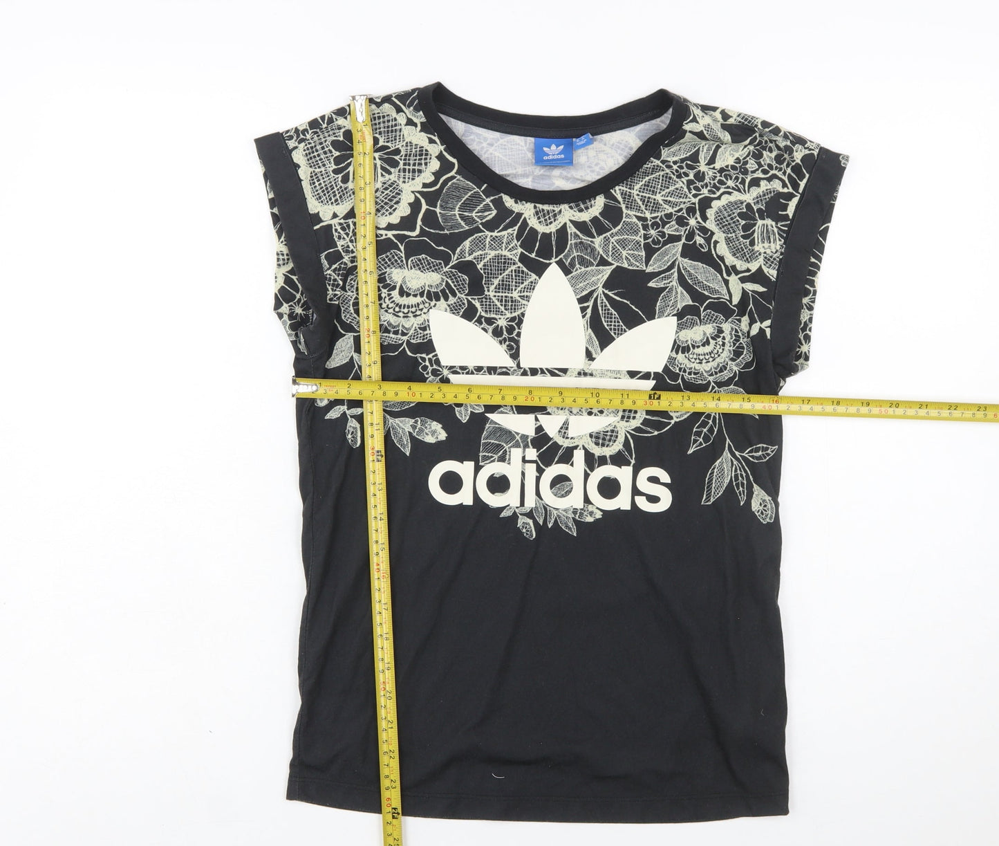 Adidas Women's Black Floral T-Shirt Size 6 Crew Neck Casual Top