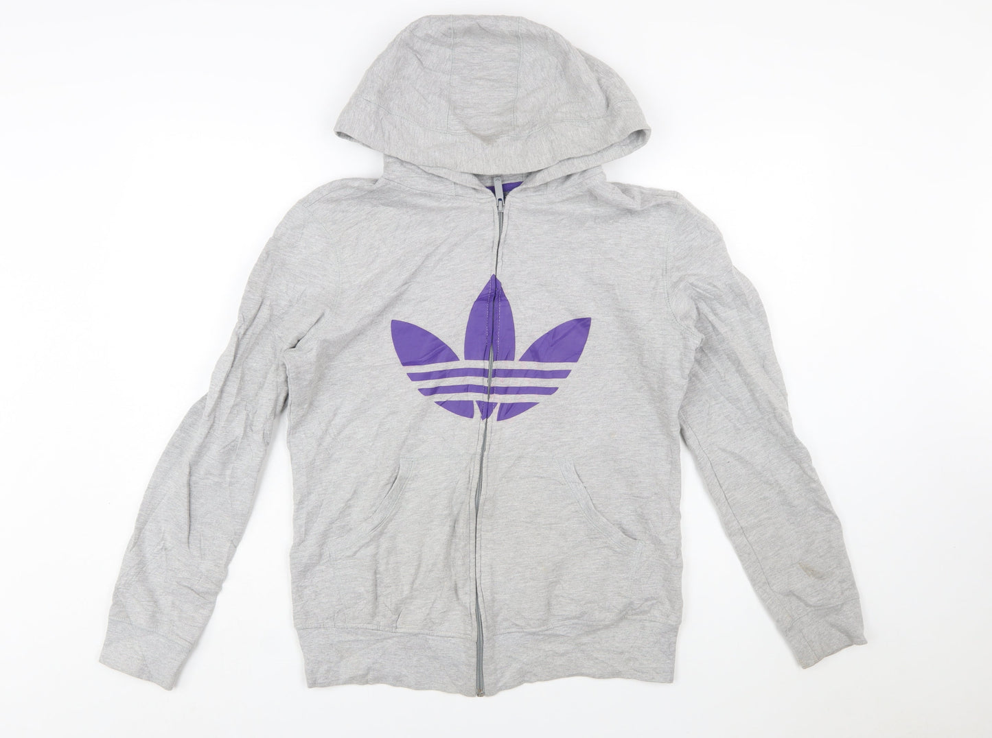 Adidas Women Grey Full Zip Hoodie with Purple Logo Size M