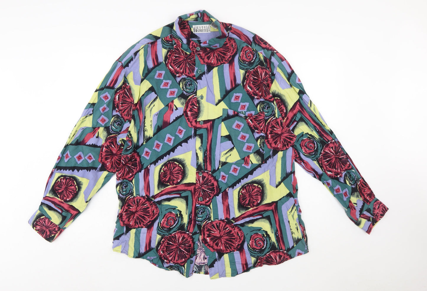 City Streets Men's Multicoloured 90s Retro Rayon Long Sleeve Button-Up Shirt L