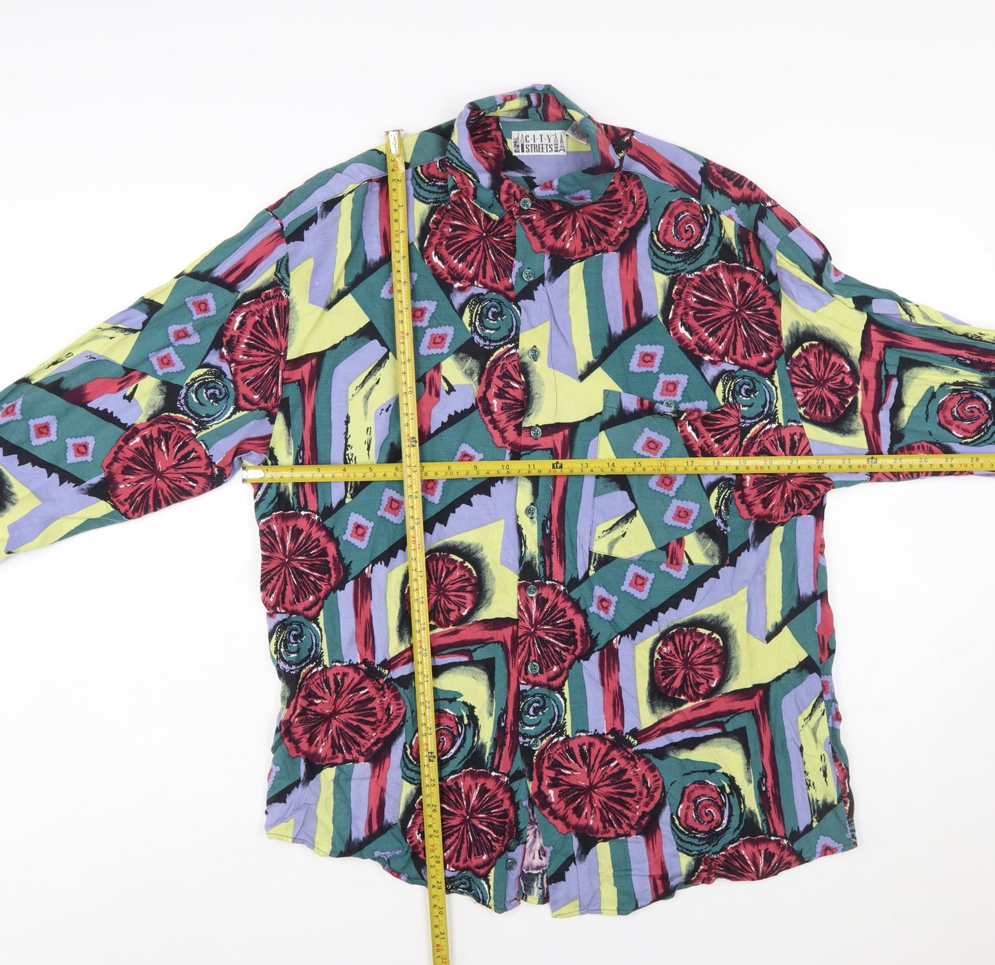 City Streets Men's Multicoloured 90s Retro Rayon Long Sleeve Button-Up Shirt L