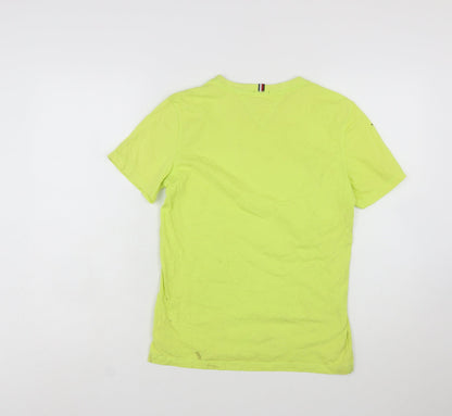 Close-up detail of Tommy Hilfiger boys’ yellow organic cotton logo t-shirt, size 164