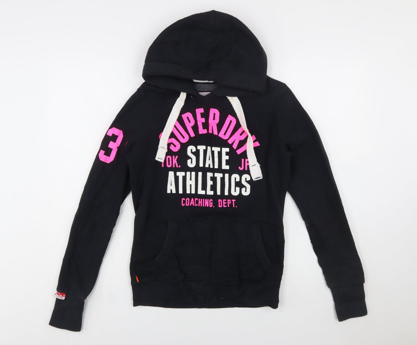 Superdry Women Black Hoodie Small Pullover Athletic Print