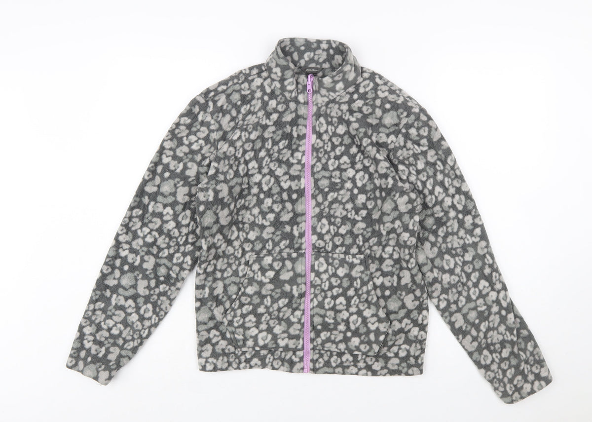 Eddie Bauer Girls Grey Animal Print Fleece Full Zip Jacket Size 14-15 Years