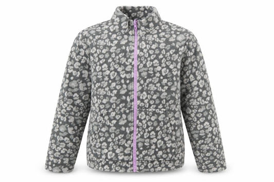 Front view of Eddie Bauer girls’ grey animal print fleece full zip jacket, size 14-15, years