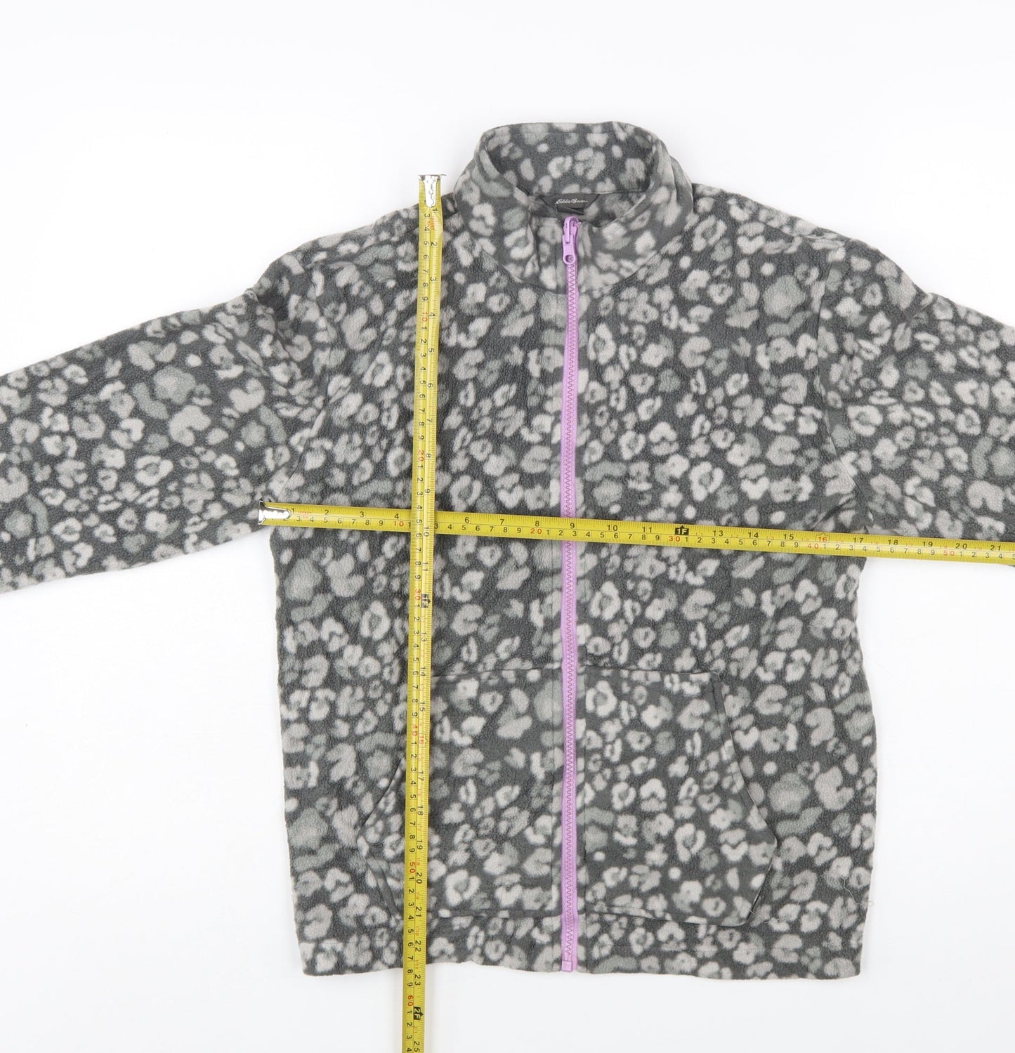 Eddie Bauer Girls Grey Animal Print Fleece Full Zip Jacket Size 14-15 Years