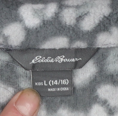 Eddie Bauer Girls Grey Animal Print Fleece Full Zip Jacket Size 14-15 Years