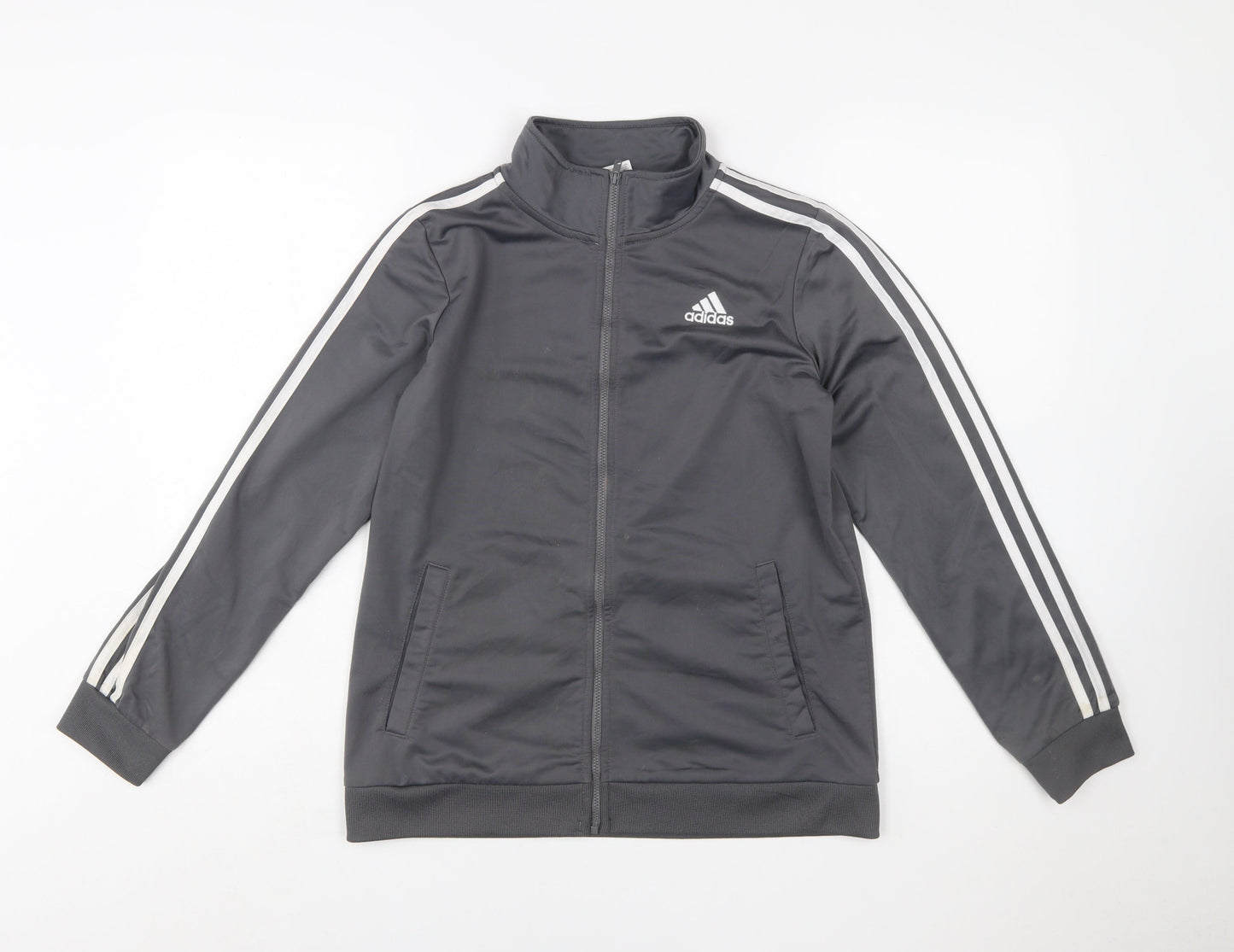 Adidas Boys Grey Full Zip Sweatshirt 14-16 Years Logo Collar Sports Top