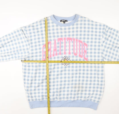 Back view of Missguided Women Blue Gingham Gratitude Sweatshirt UK 14
