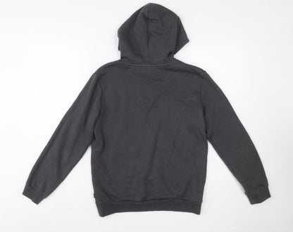 Close-up detail of Puma boys’ black pullover hoodie, size 13-14, years cotton blend