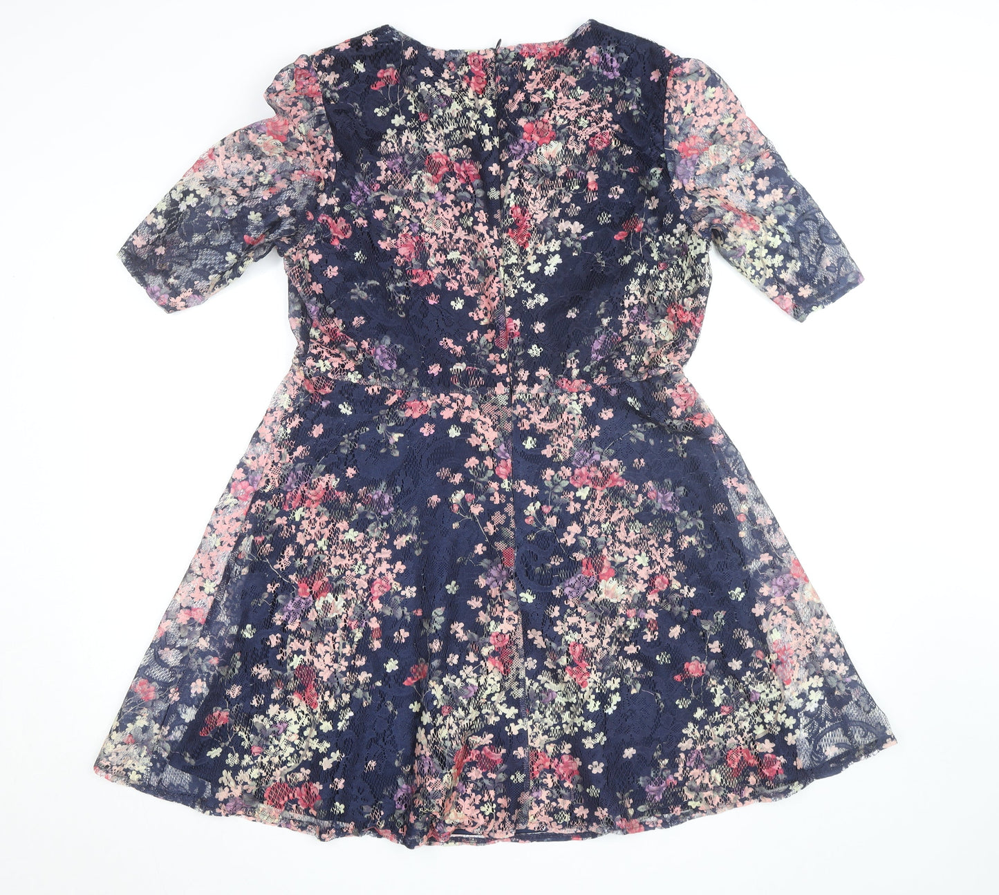 Oasis Women Blue Floral Lace A-Line Knee Length Dress L