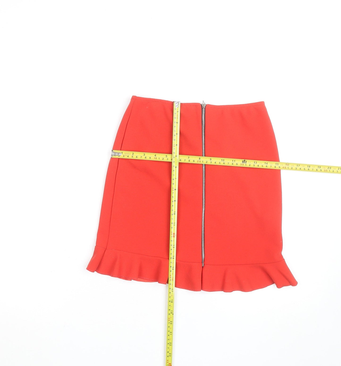 New Look Women's Red Size 8 High Rise Pencil Skirt with Ruffle Hem