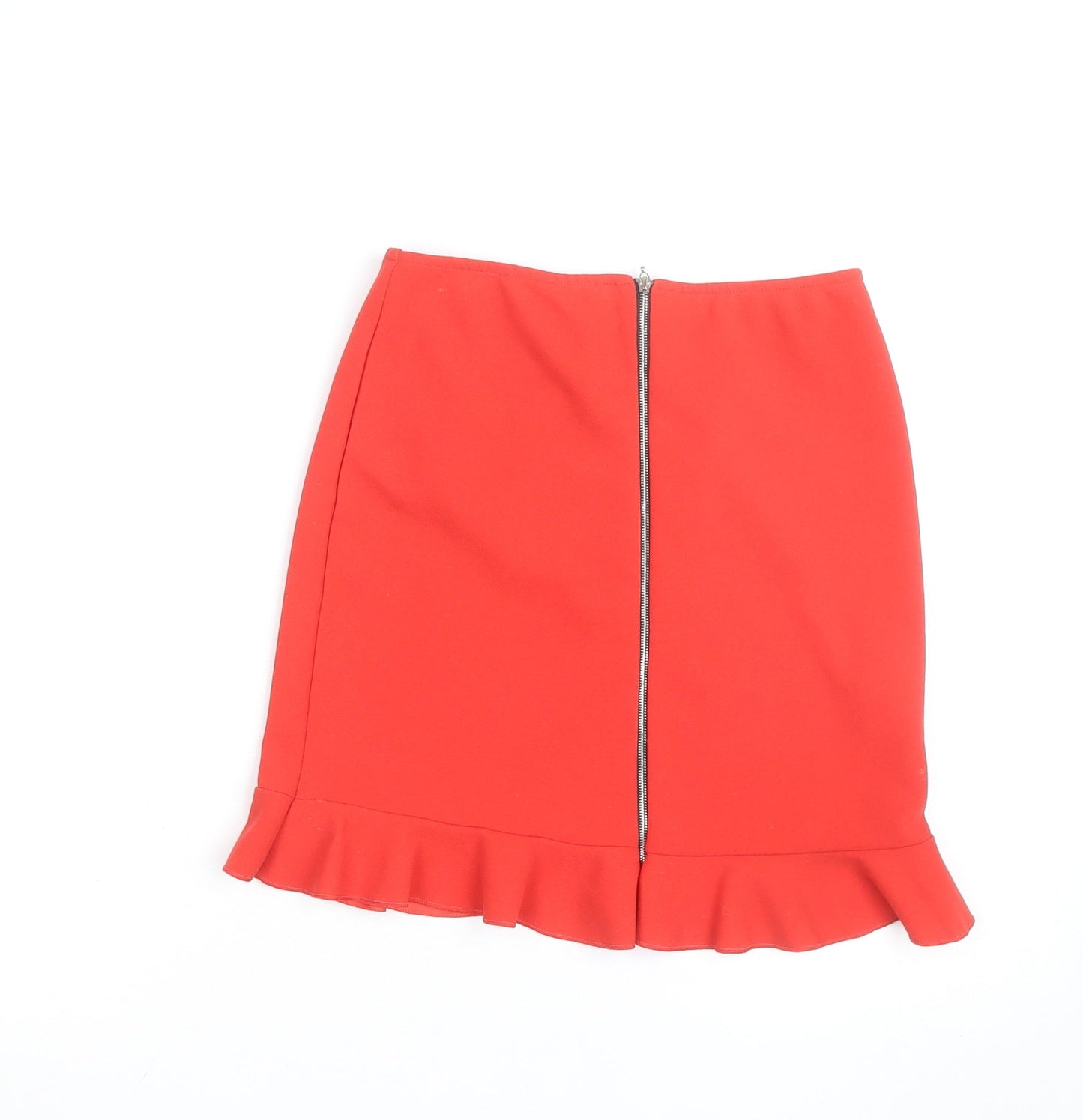 New Look Women's Red Size 8 High Rise Pencil Skirt with Ruffle Hem