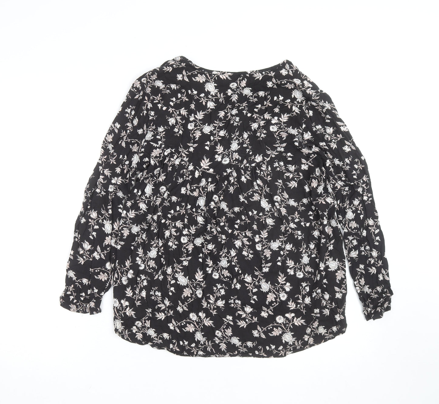 Bershka Womens Black Floral Tunic Blouse Size 12 Viscose Long Sleeve