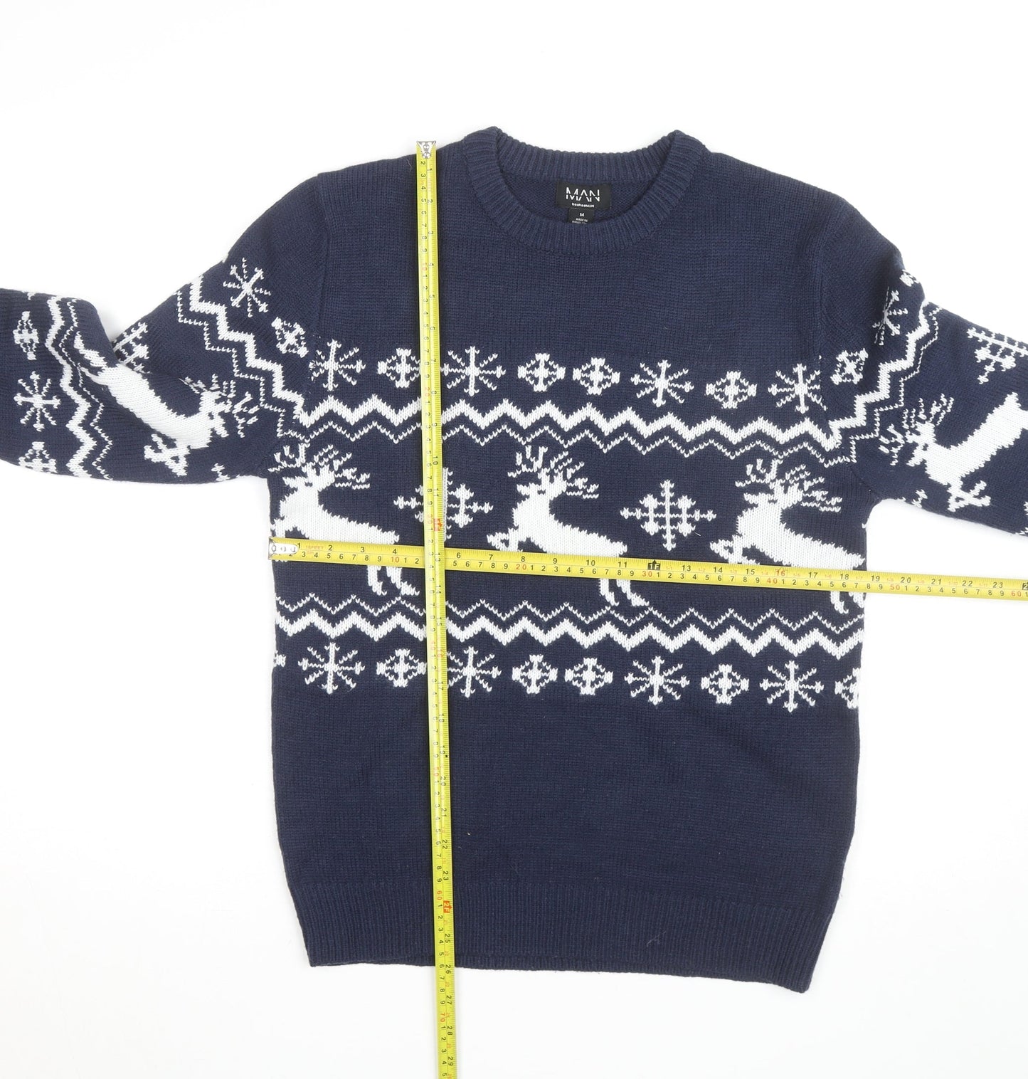 boohooMAN Men's Blue Reindeer Fair Isle Christmas Jumper Size M