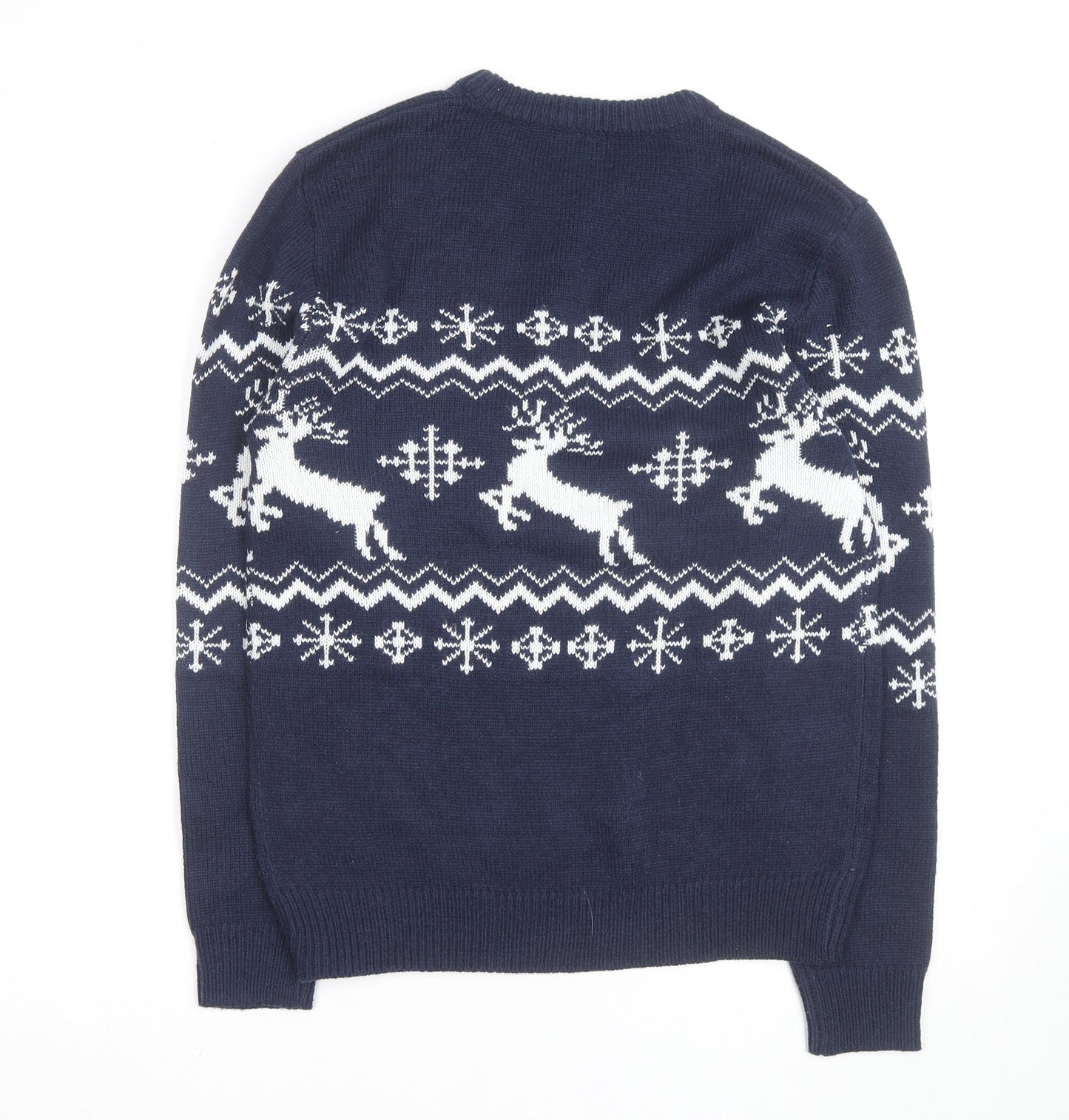 boohooMAN Men's Blue Reindeer Fair Isle Christmas Jumper Size M
