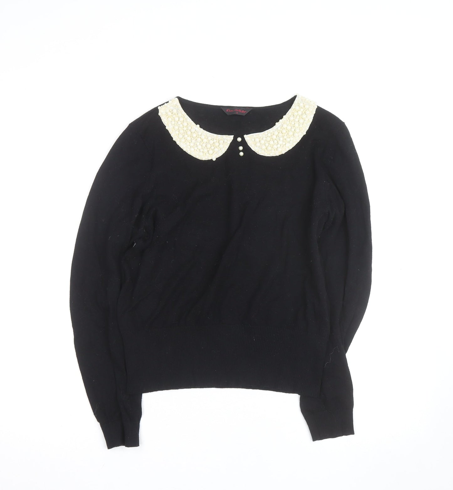 Miss Selfridge Women’s Black Beaded Collar Cotton Jumper Size 16