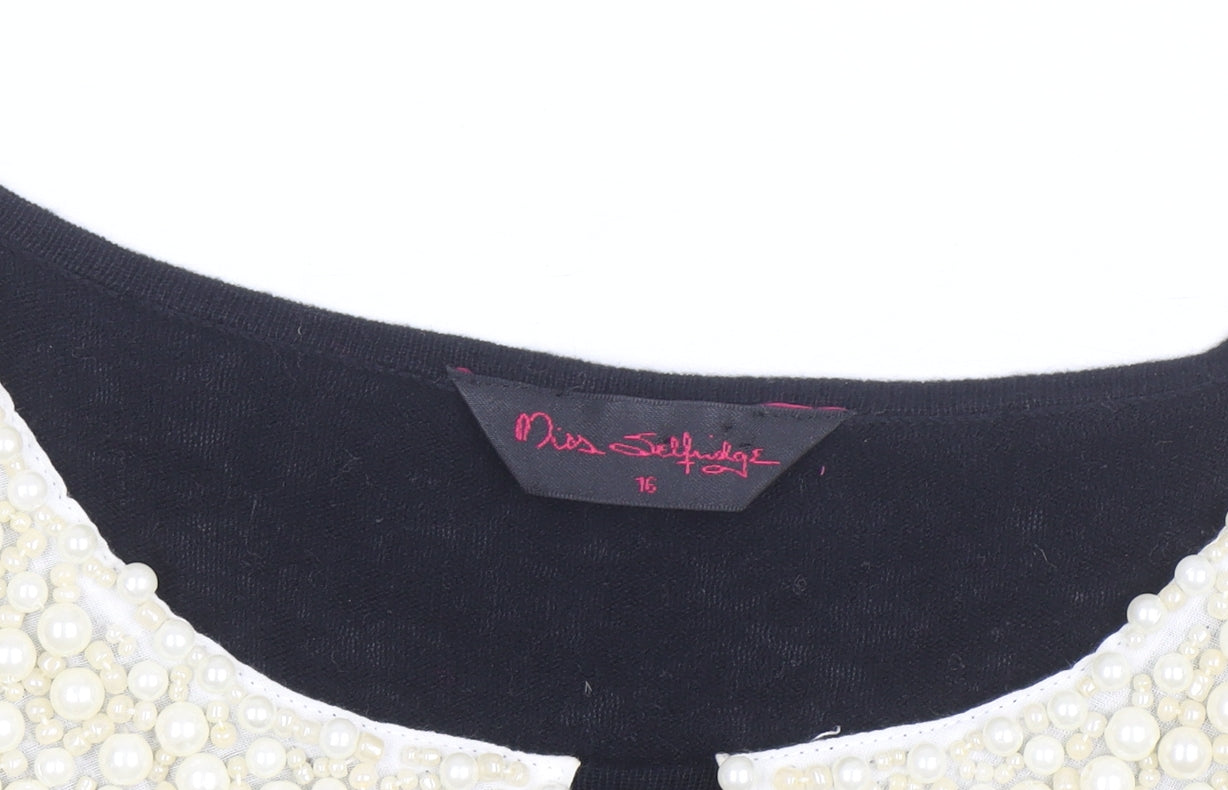Miss Selfridge Women’s Black Beaded Collar Cotton Jumper Size 16
