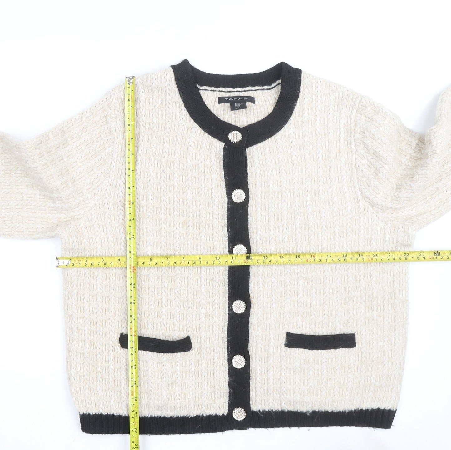 Tahari Women Beige Black Cardigan XL Long Sleeve Classic Knit