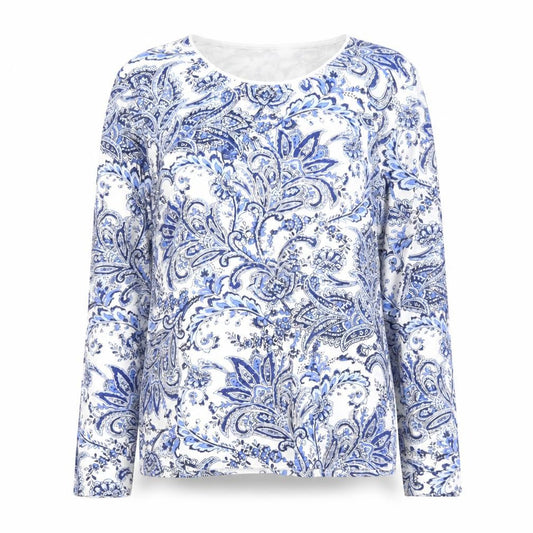 Karen Scott Women Blue Paisley Long Sleeve Cotton Blend Top XL