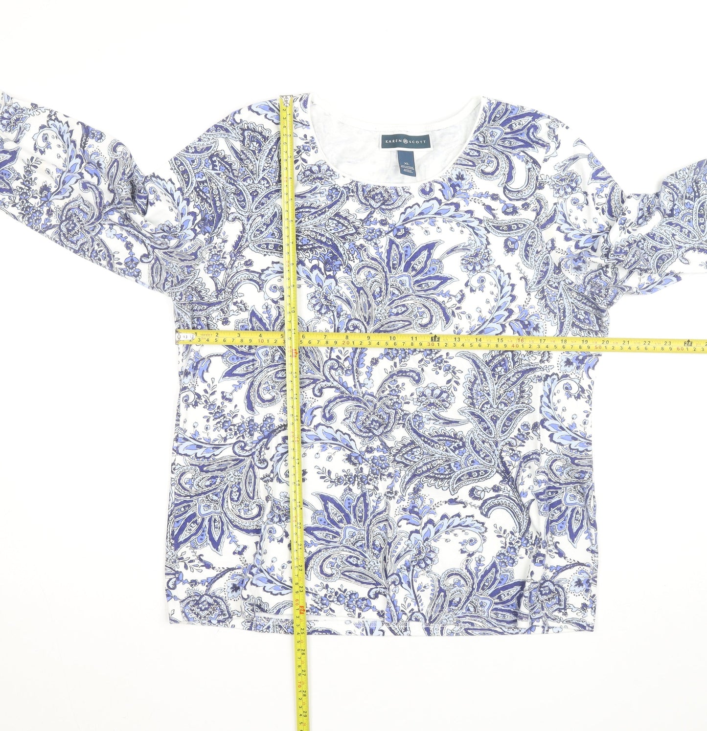 Karen Scott Women Blue Paisley Long Sleeve Cotton Blend Top XL
