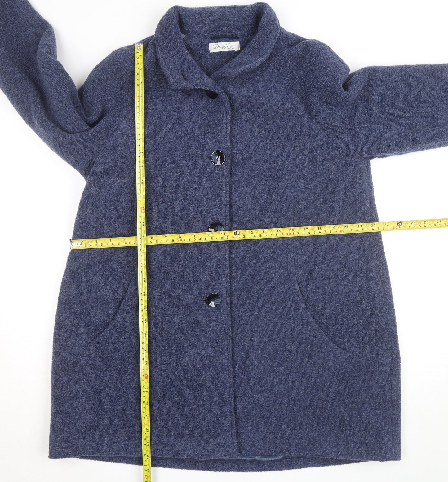 David Nieper Women Blue Wool Blend Mid-Length Overcoat UK 42