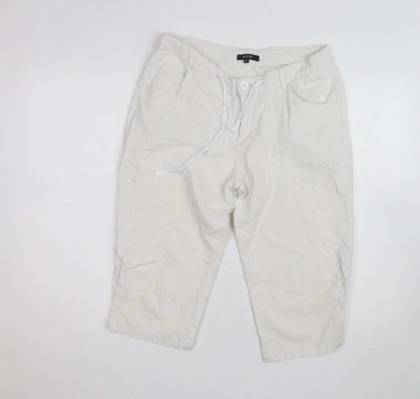 Mystify Women’s White Linen Chino Shorts Size 12 Drawstring Casual