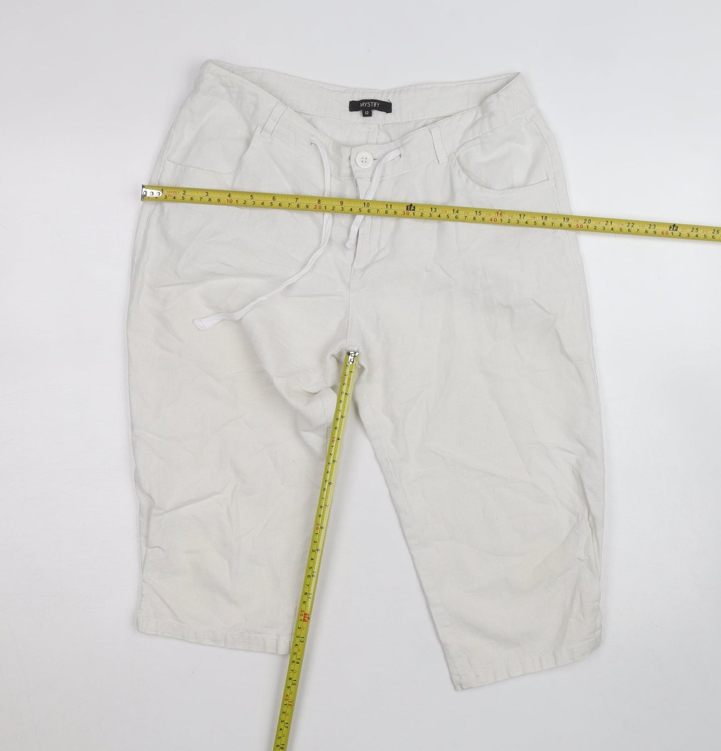 Mystify Women’s White Linen Chino Shorts Size 12 Drawstring Casual