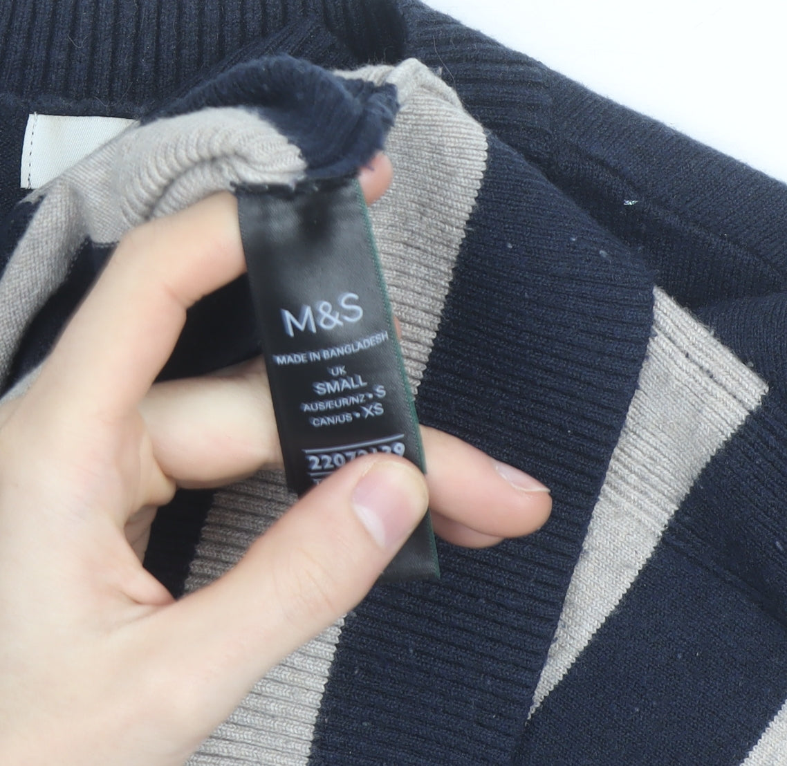 Marks and Spencer Mens Blue Striped Cotton Cashmere Jumper S