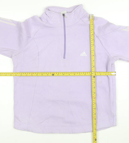 Close-up detail of Adidas Women Lilac 1/4 Zip Pullover Sweatshirt, size 18, Cotton Blend