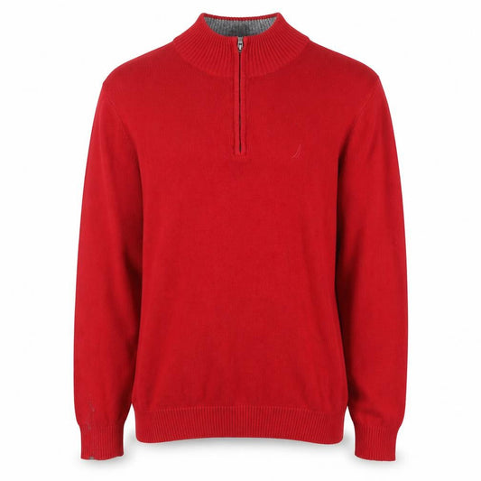 Nautica Men’s Red 1/4 Zip Cotton Jumper XL High Neck Classic Knit