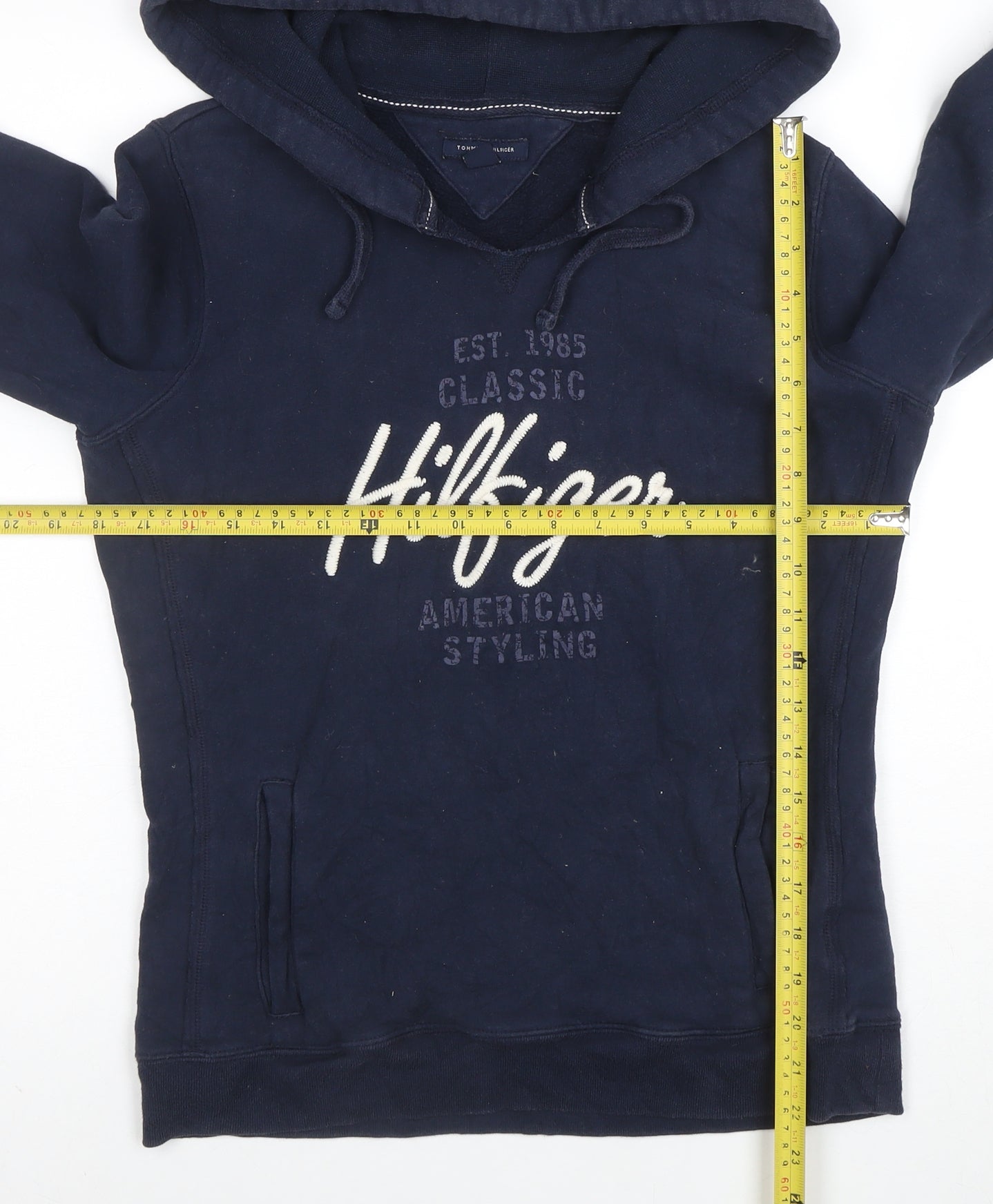 Tommy Hilfiger Men Blue Pullover Hoodie S Embroidered Logo Classic Style