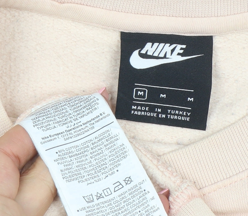 Nike Women Beige Pullover Sweatshirt M Cotton Blend Logo Crew Neck