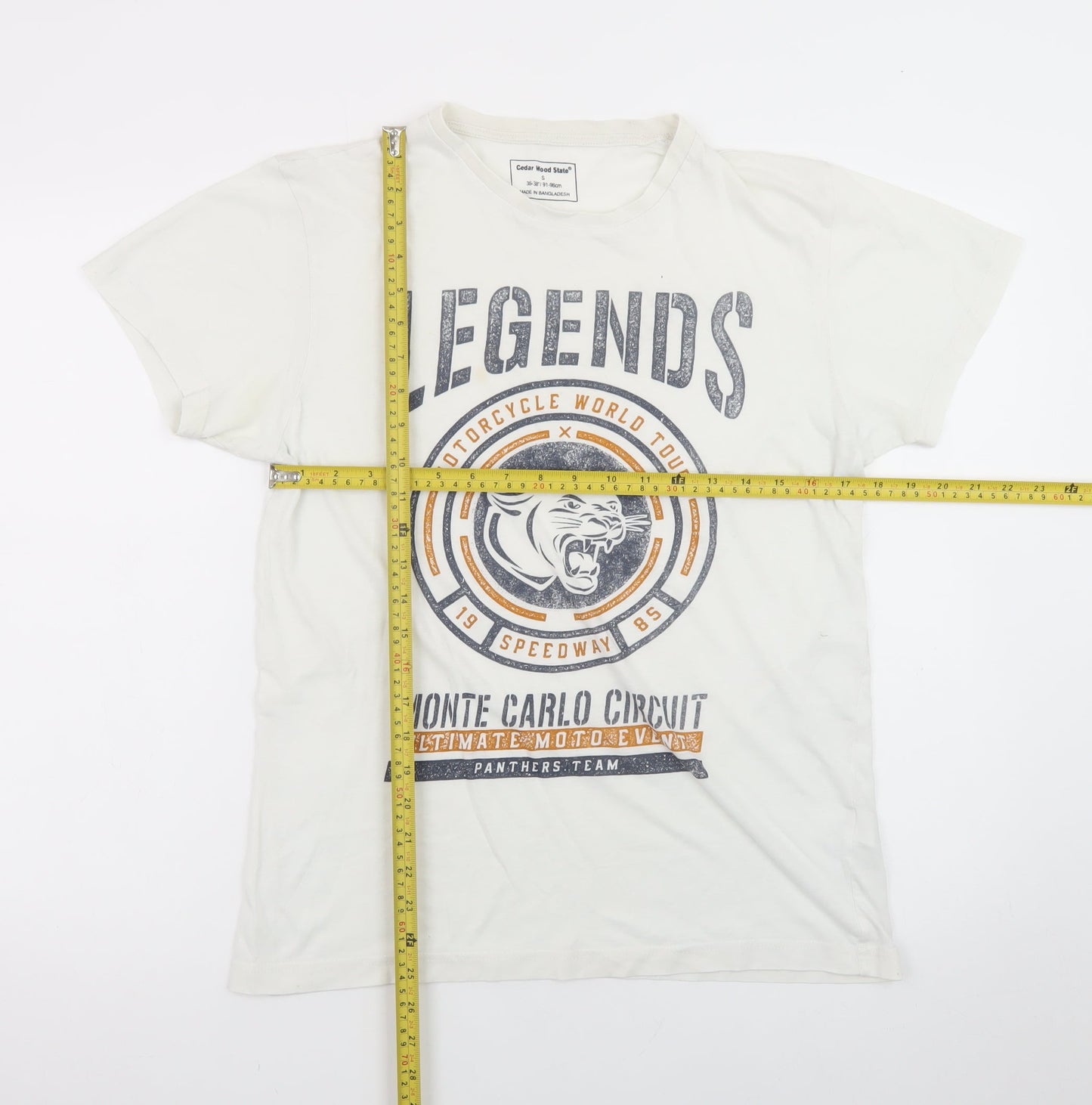 Cedar Wood State Men's White Graphic Print Motorcycle T-Shirt Size S